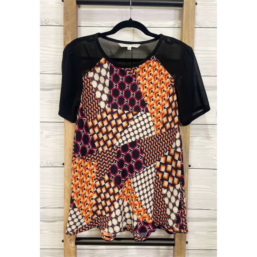 Trina Turk Women's Geometric Print Blouse Sheer Sleeves Size S - Picture 2 of 12